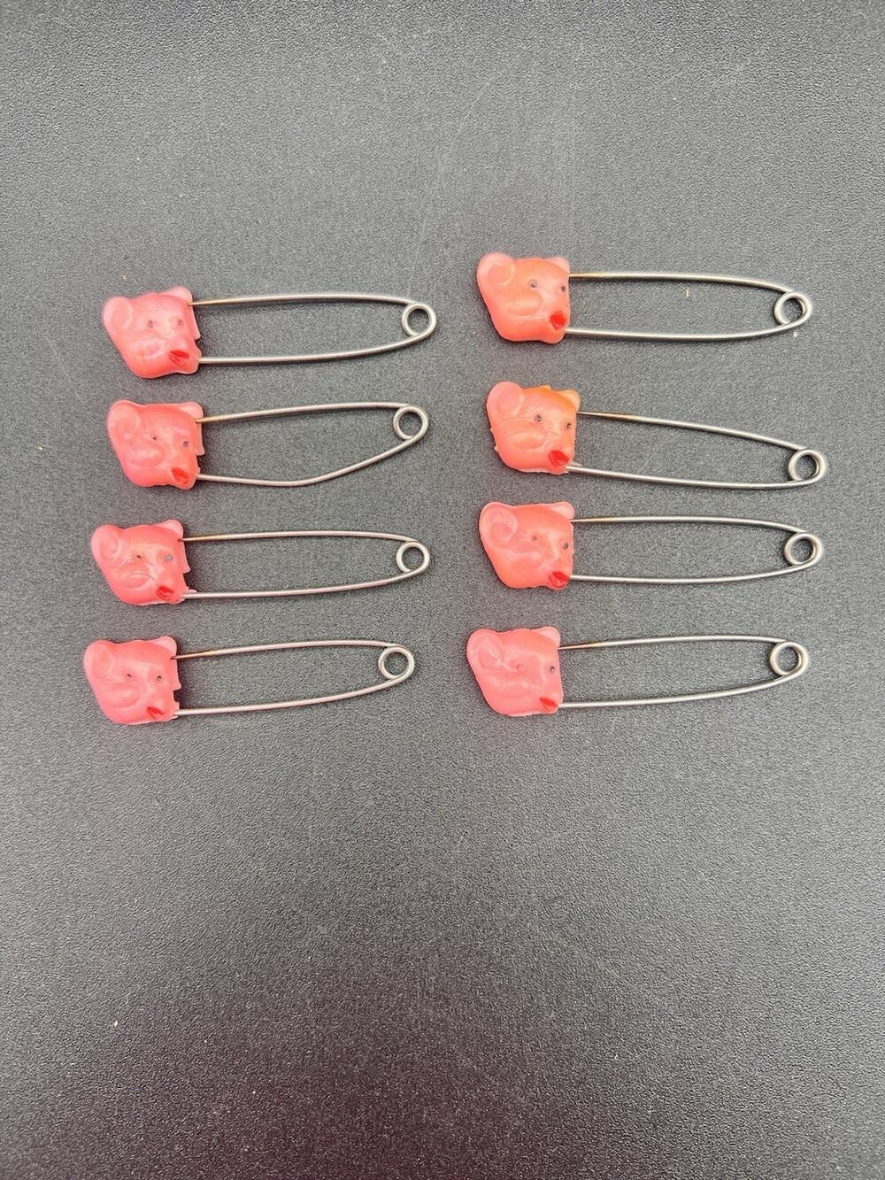 Vintage Plastic 8pc Pig Face Safety Pin Baby Diaper Pin Toy Accessory 1950s